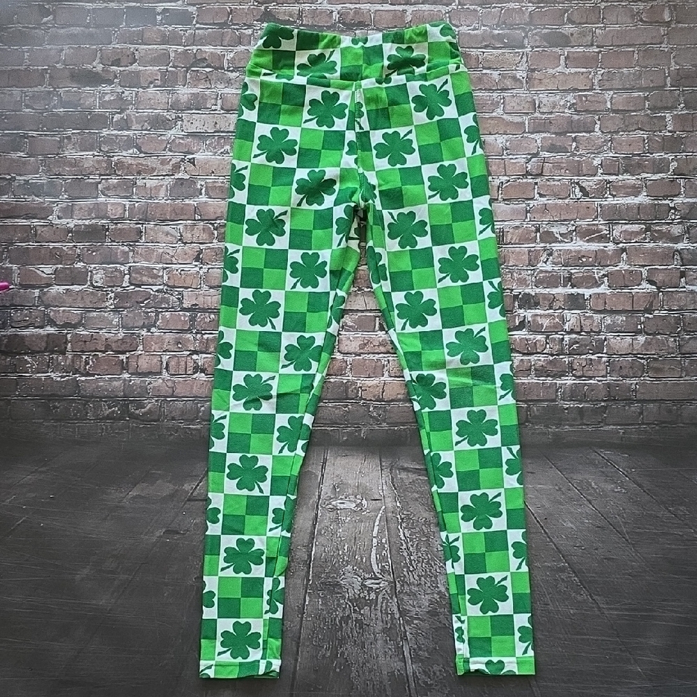 LuLaRoe Girls' Green Shamrock Checker Leggings - Tween